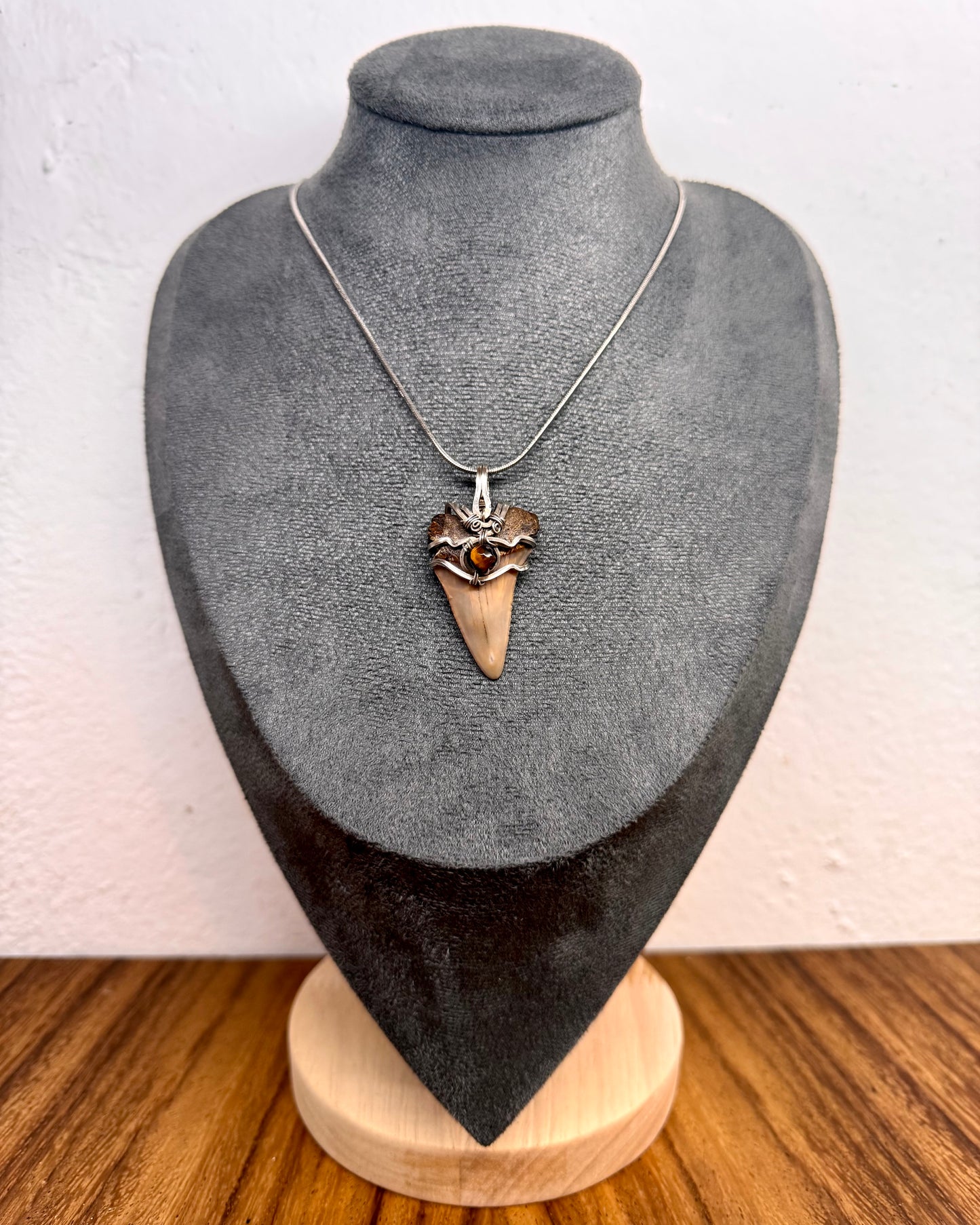 Dent de mégalodon fossilisée avec œil de tigre en argent