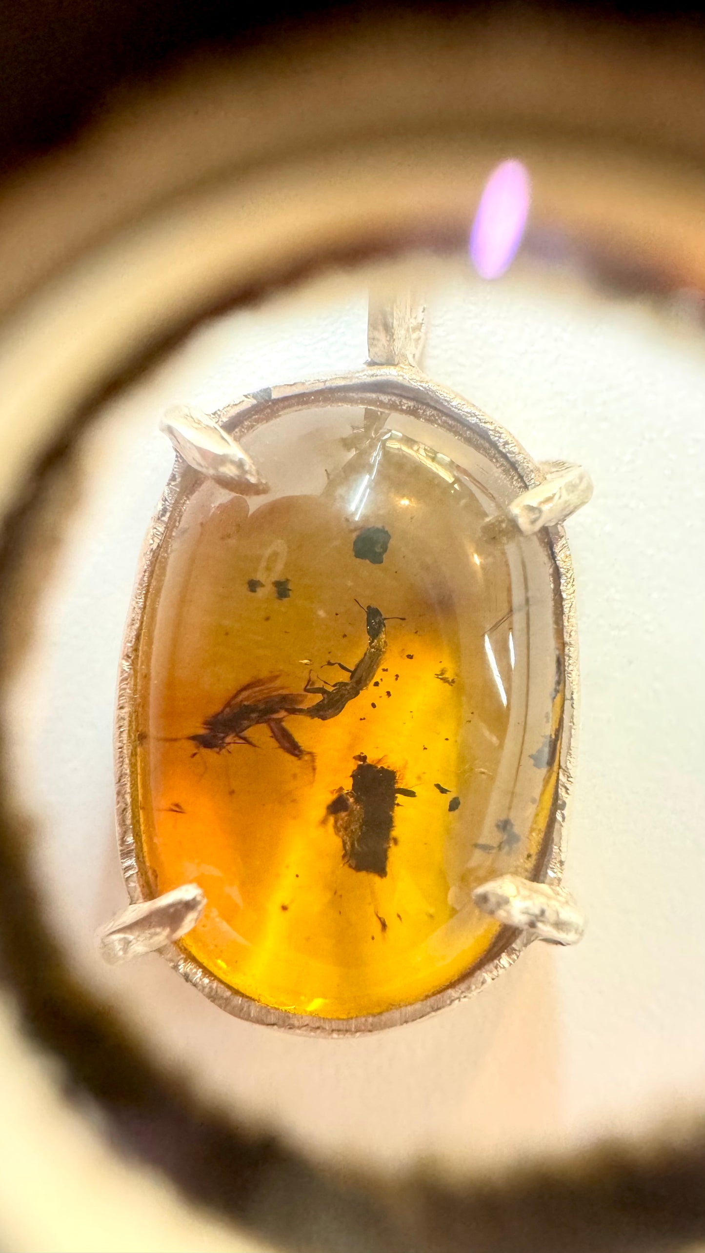 Dije de Ámbar pequeño con dos insectos. Plata.